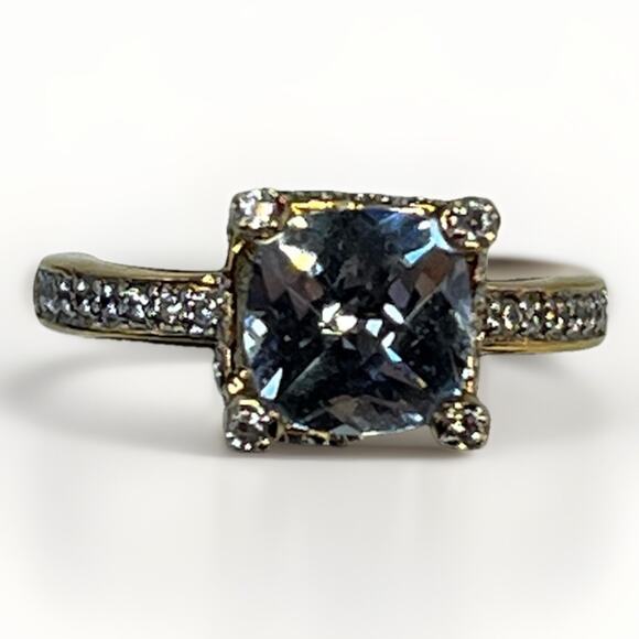 Stunning Blue Topaz Ring with Quartz 13K Gold Plate Marked 925 Sterling Size 6